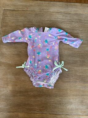 Ruffle Butts Lavender Floral Long Sleeve One-Piece Swimsuit with Mint Bows